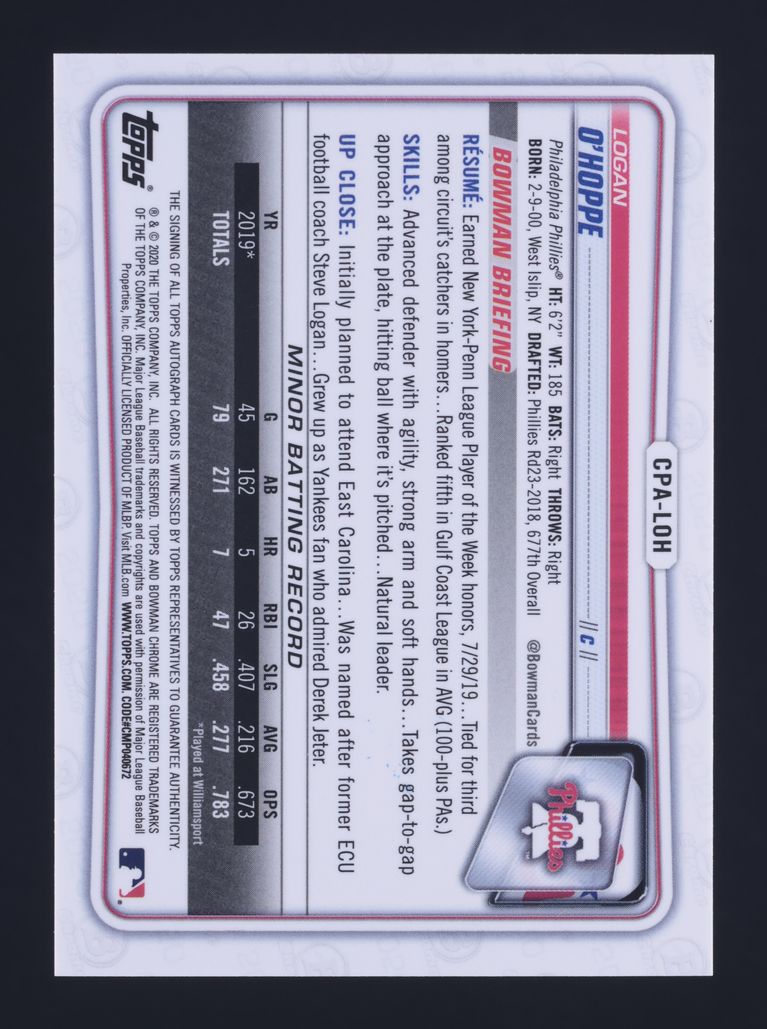 2020 Bowman Chrome Logan O'Hoppe PROSPECT AUTO #CPA-LOH MBA AUTH