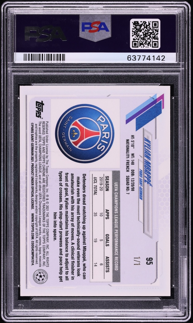 2020 Topps Chrome UEFA Champions League Sapphire Padparadscha Kylian Mbappe 1/1 #95 PSA 10 GEM