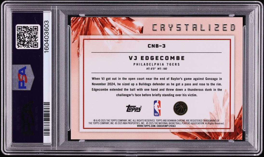 2025 Bowman Chrome Crystalized Gold VJ Edgecombe ROOKIE /50 #CNB-3 PSA 10 GEM MINT