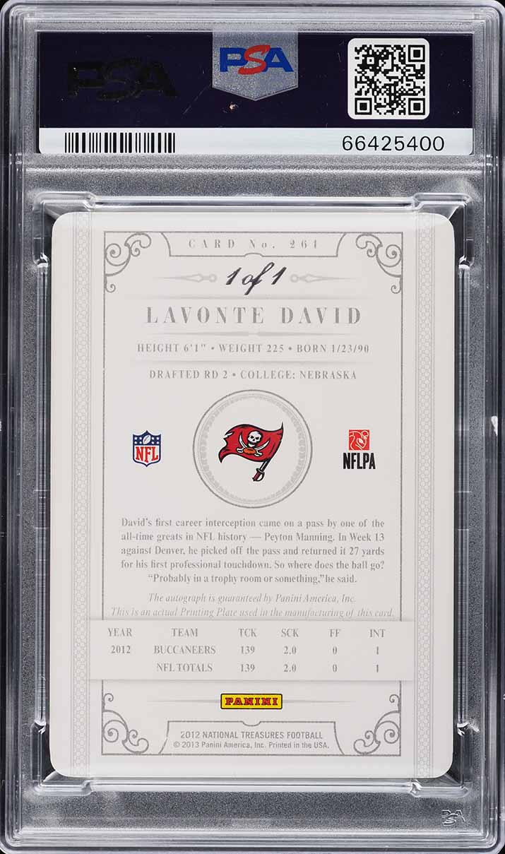 2012 National Treasures Printing Plate LaVonte David ROOKIE AUTO 1/1 #261 PSA 10