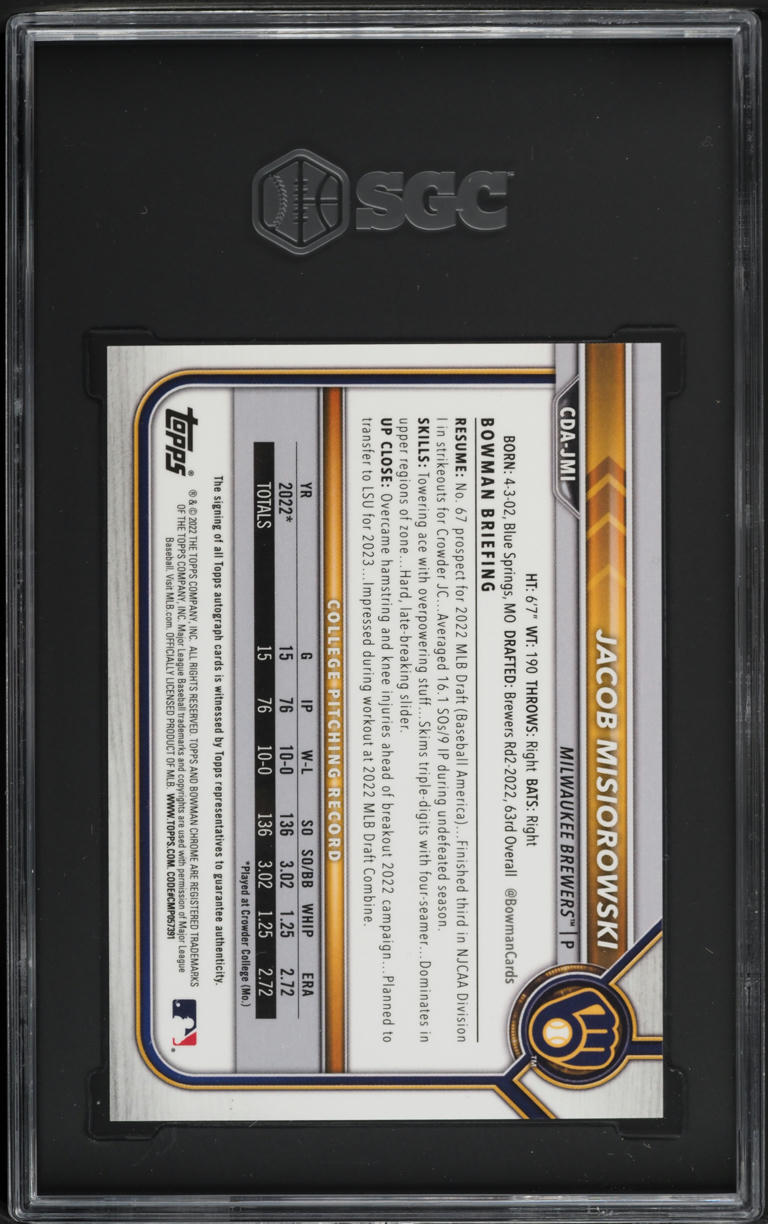 2022 Bowman Chrome Draft Jacob Misiorowski PROSPECT AUTO #CDA-JMI SGC 10 GEM MINT