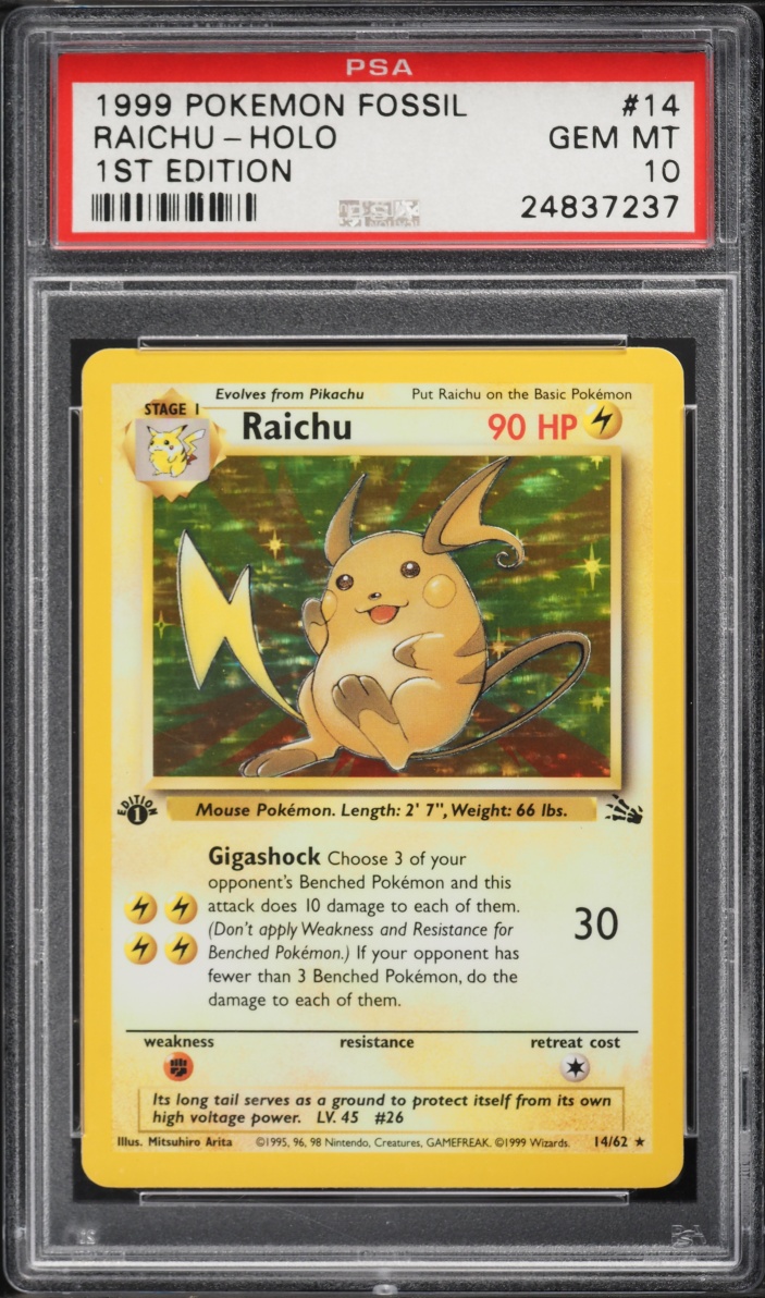 1999 Pokemon Fossil 1st Edition Holo Raichu #14 PSA 10 GEM MINT