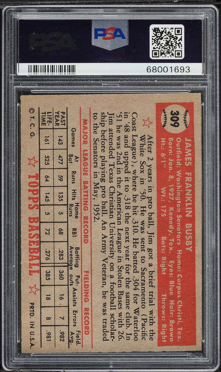 1952 Topps Jim Busby #309 PSA 7.5 NRMT+