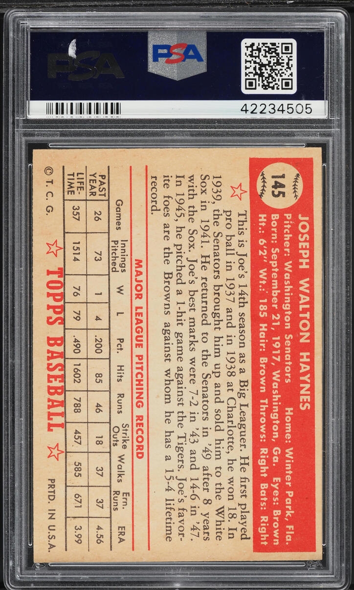 1952 Topps Joe Haynes #145 PSA 7 NRMT