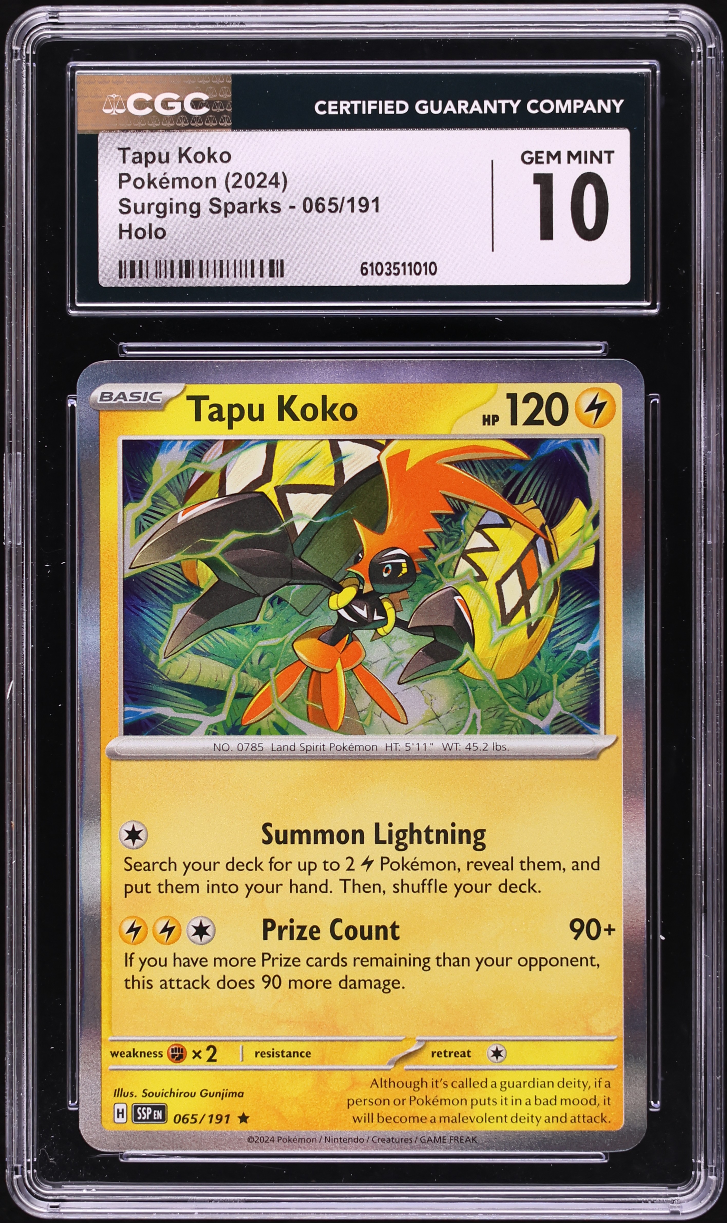 2024 Pokemon Scarlet & Violet Surging Sparks Holo Tapu Koko #65 CGC 10 GEM MINT