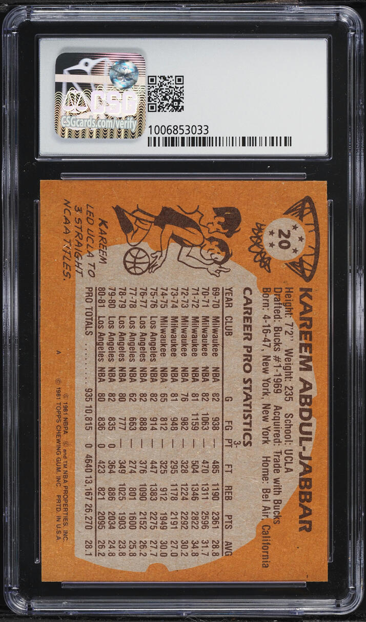 1981 Topps Basketball Kareem Abdul-Jabbar #20 CSG 6 EXMT