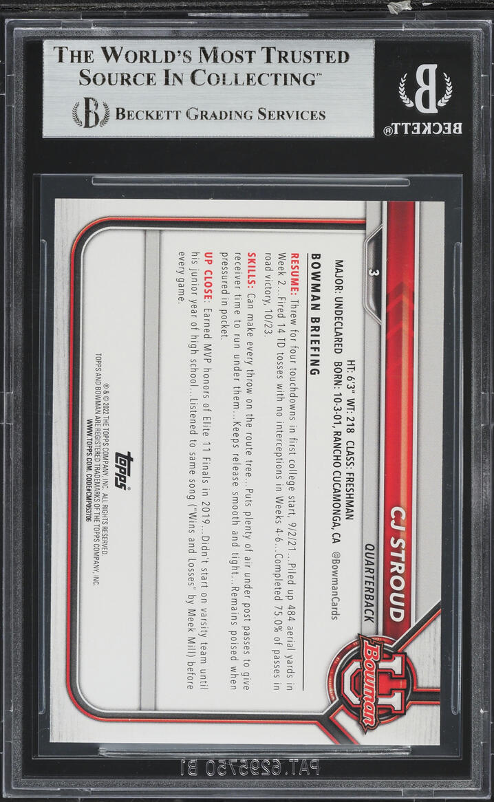 2022 Bowman University Paper Prospects C.J. Stroud ROOKIE #3 BGS 9 MINT