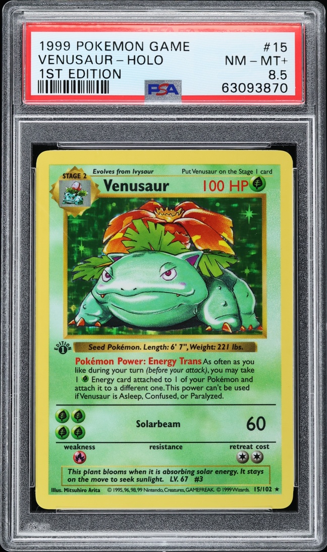 1999 Pokemon Base Set Shadowless 1st Edition Holo Venusaur #15 PSA 8.5 NM-MT+