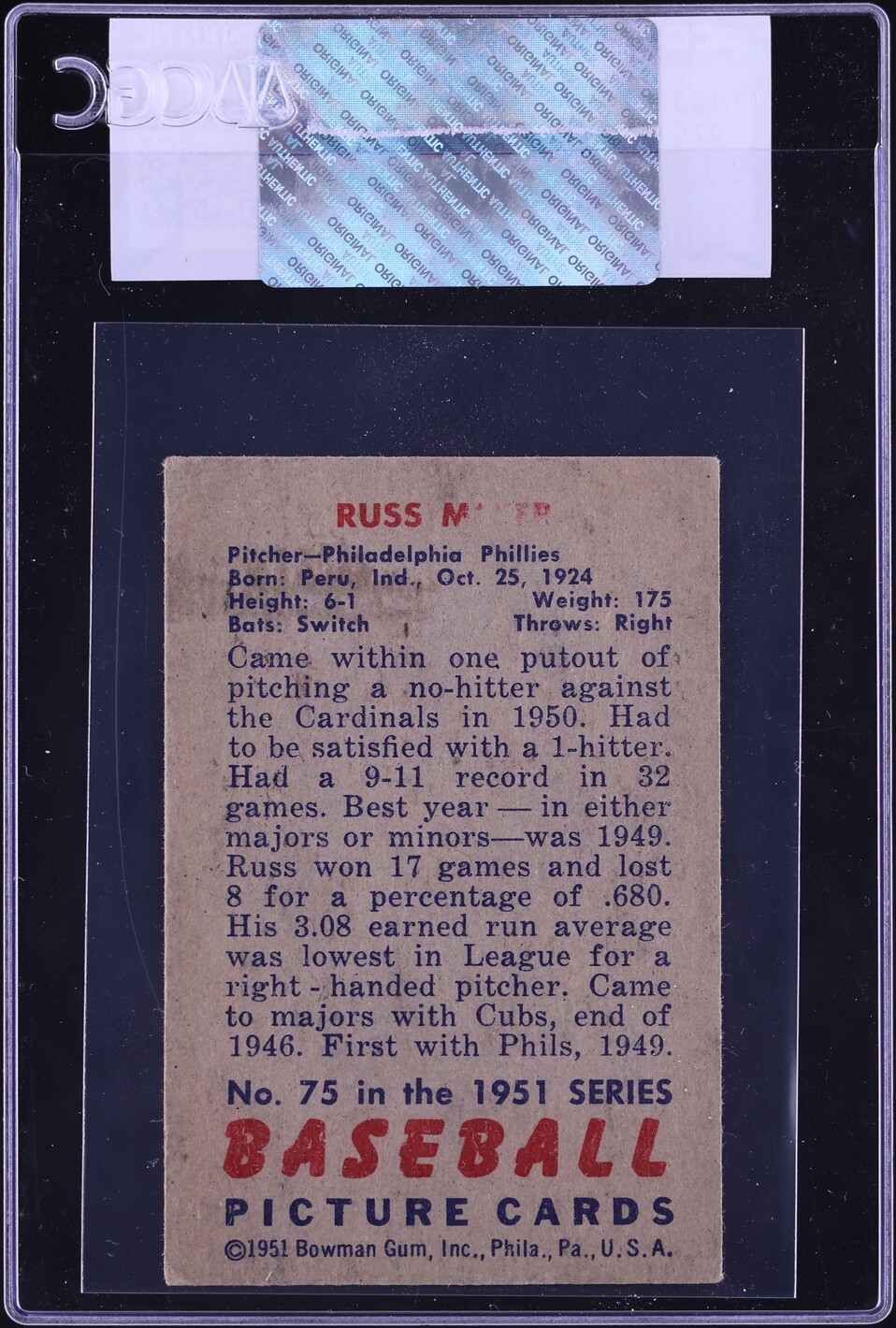 1951 Bowman Russ Meyer #75 CGC AUTH