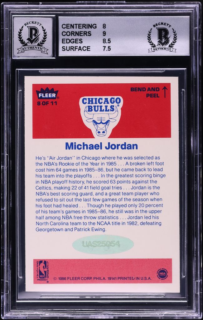 1986 Fleer Sticker Michael Jordan ROOKIE AUTO #8 BAS BGS 8 NM-MT