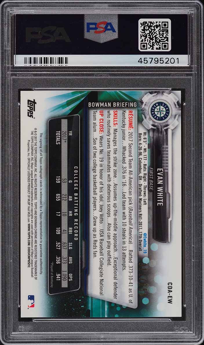 2017 Bowman Chrome Draft Purple Refractor Evan White PROSPECT AUTO /250 #CDA-EW PSA 10 GEM MINT