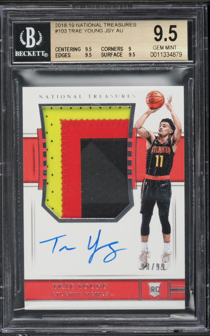 2018 National Treasures Trae Young ROOKIE PATCH AUTO /99 #103 BGS 9.5 GEM MINT