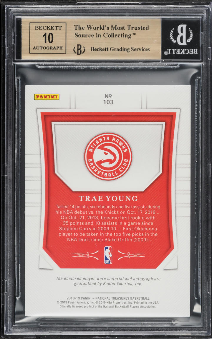 2018 National Treasures Trae Young ROOKIE PATCH AUTO /99 #103 BGS 9.5 GEM MINT