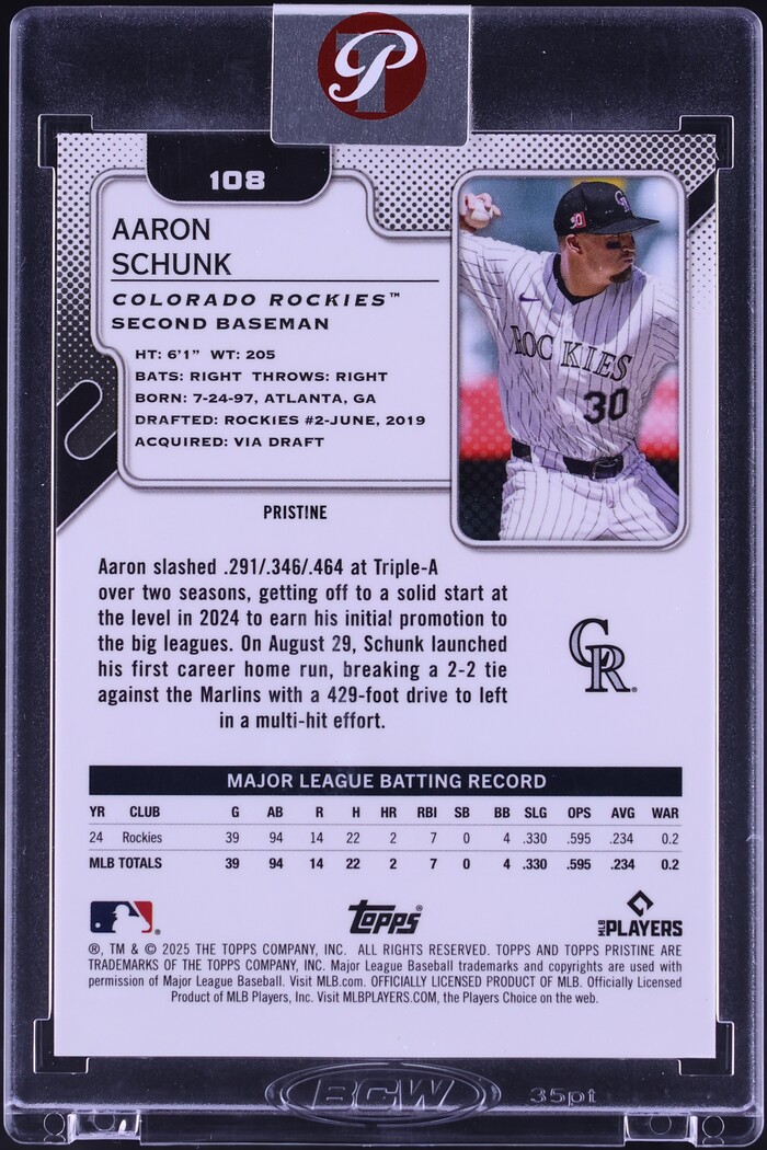 2025 Topps Pristine Gold Refractor Aaron Schunk ROOKIE /50 #108