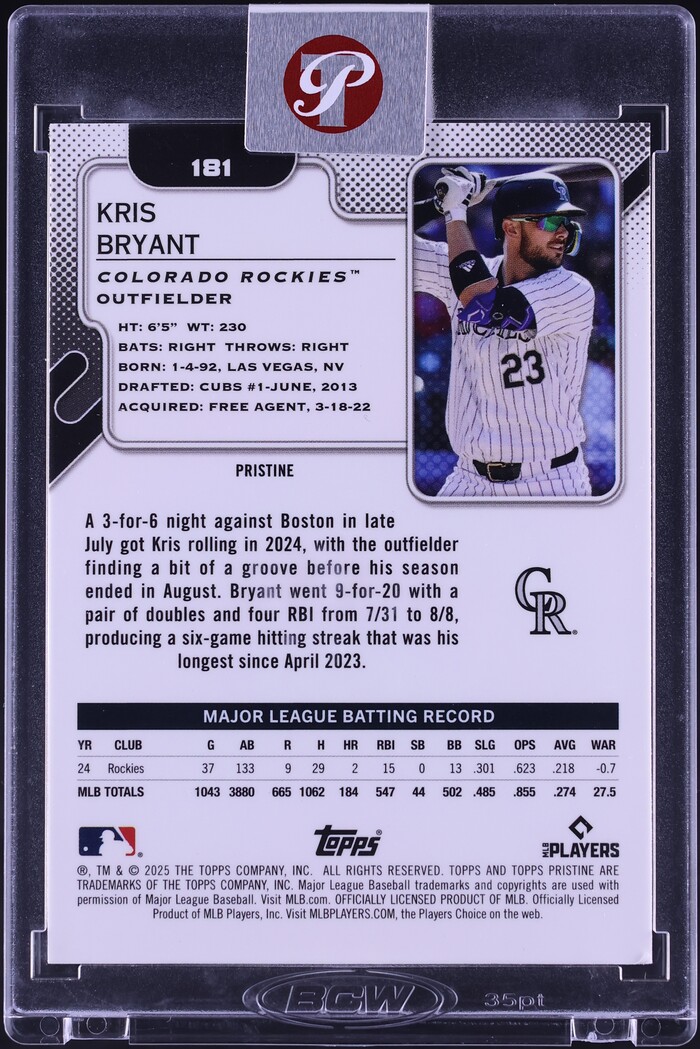 2025 Topps Pristine Purple Refractor Kris Bryant /99 #181