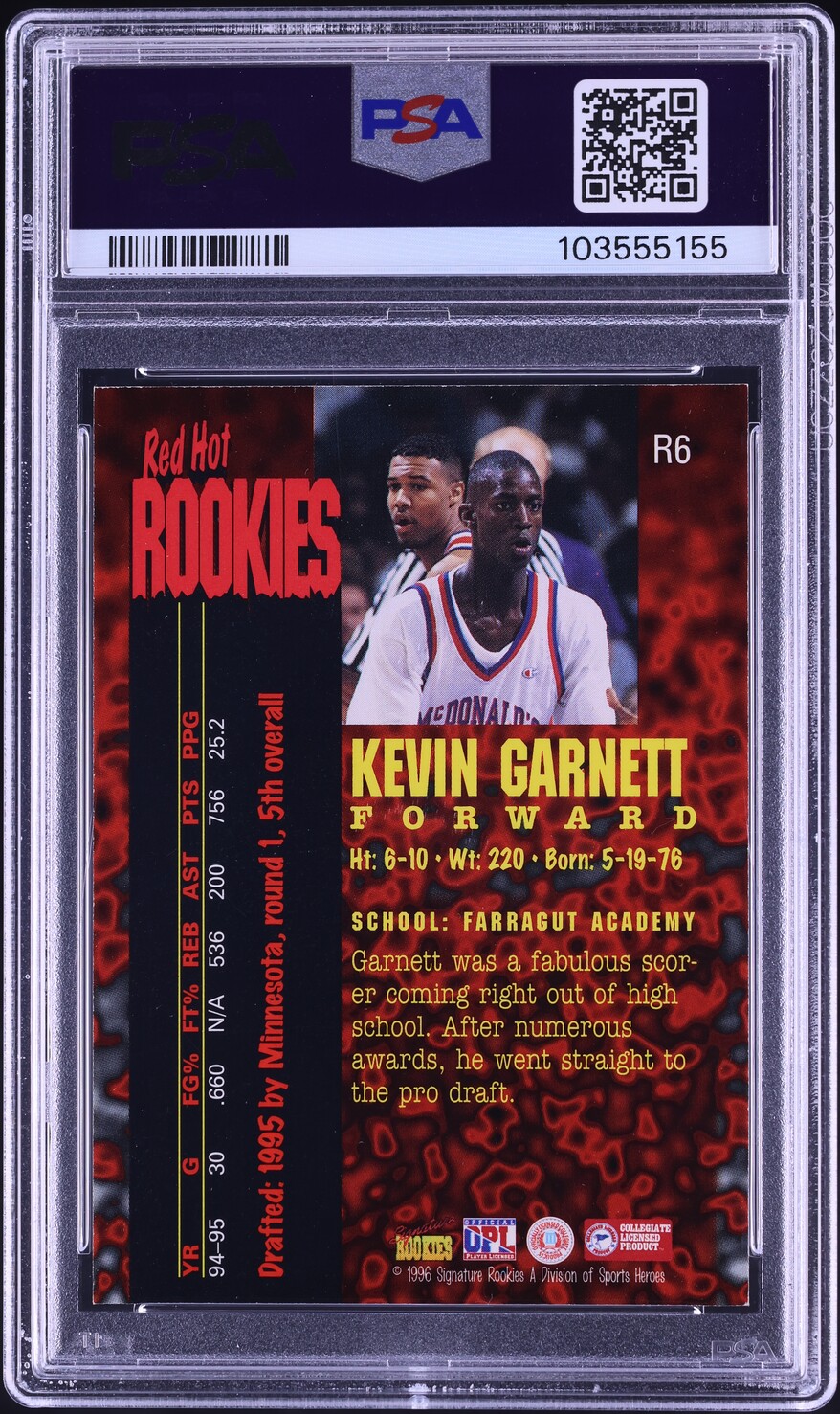 1995 Signature Rookies Fame And Fortune Red Hot Kevin Garnett ROOKIE #R6 PSA 8