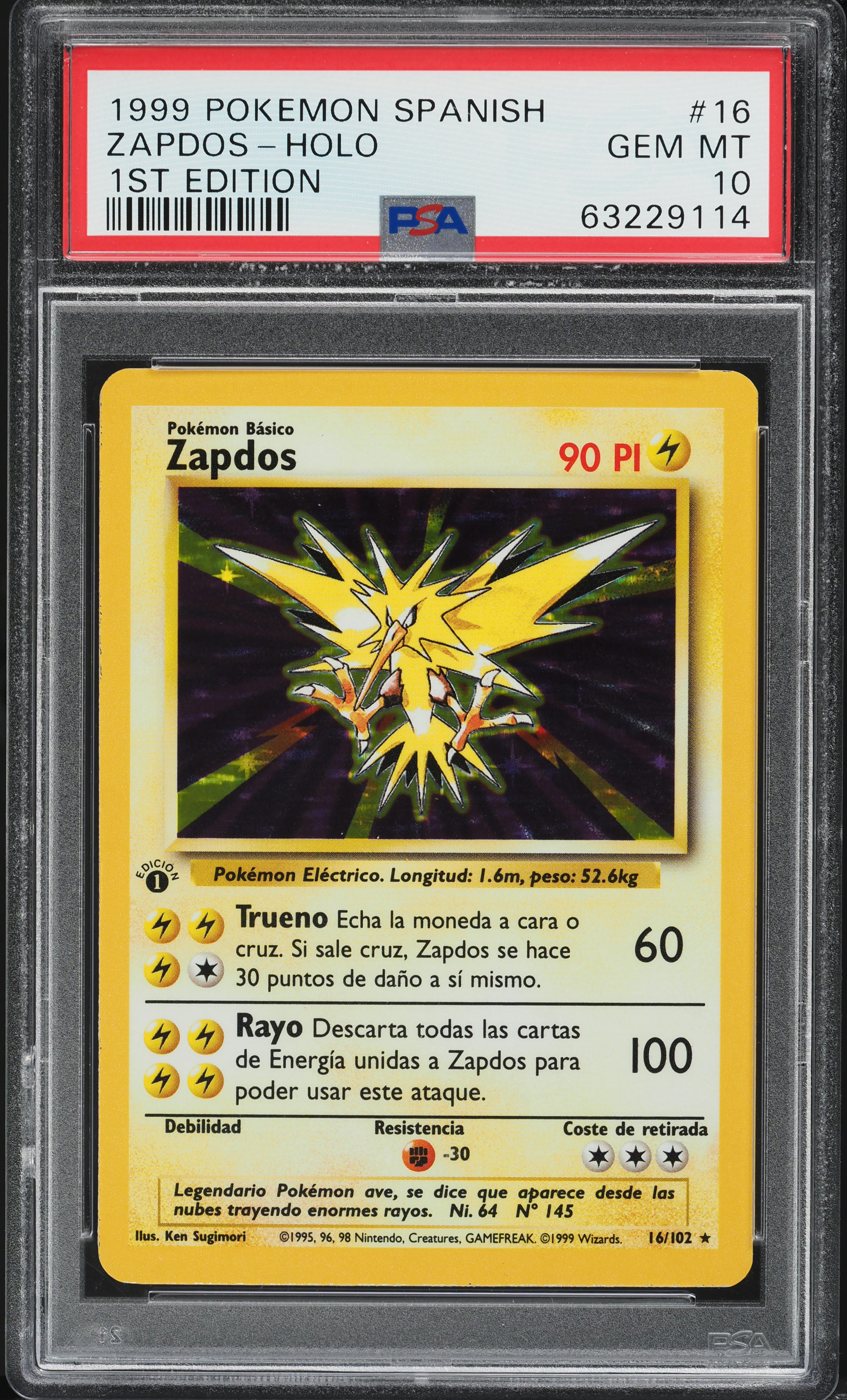 1999 Pokemon Spanish Base Set 1st Edition Holo Zapdos #16 PSA 10 GEM MINT