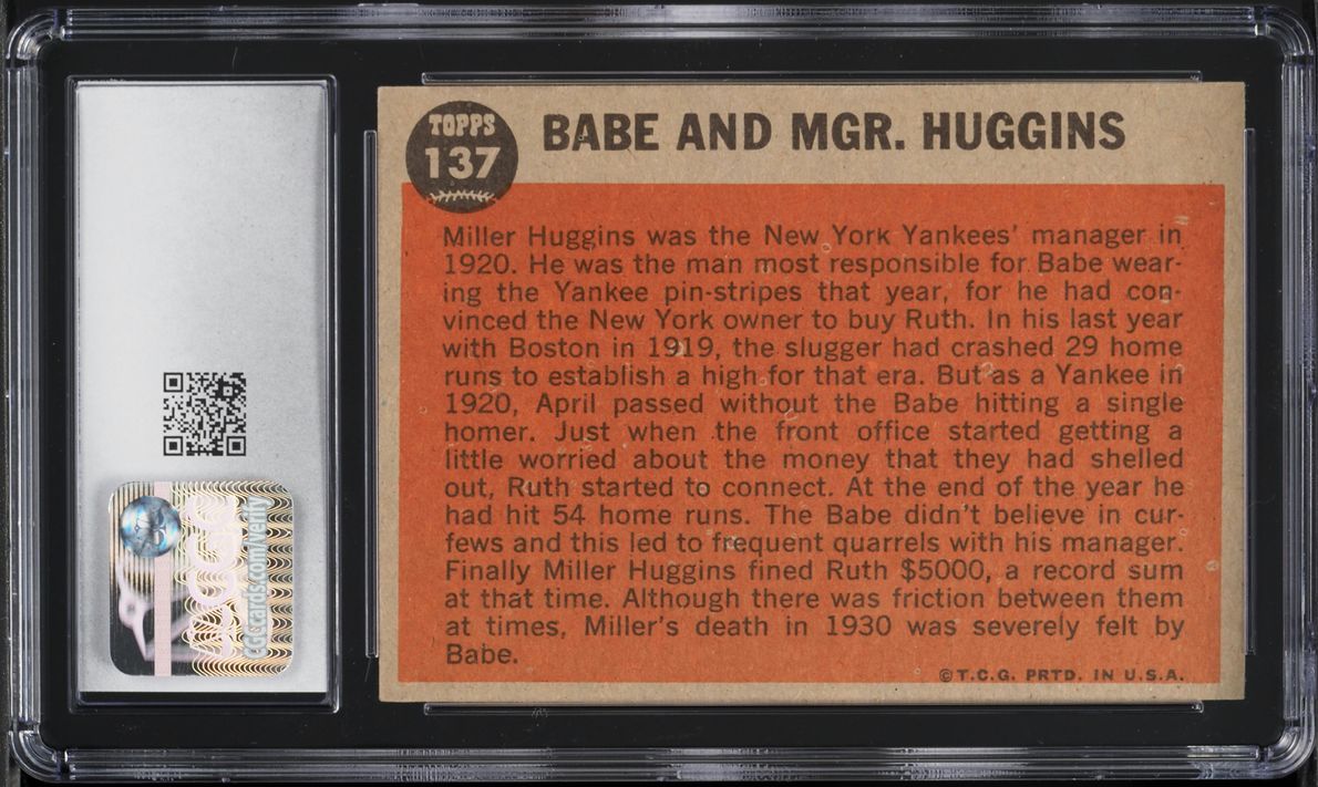 1962 Topps Babe Ruth And Mgr. Huggins #137 CGC 6 EXMT