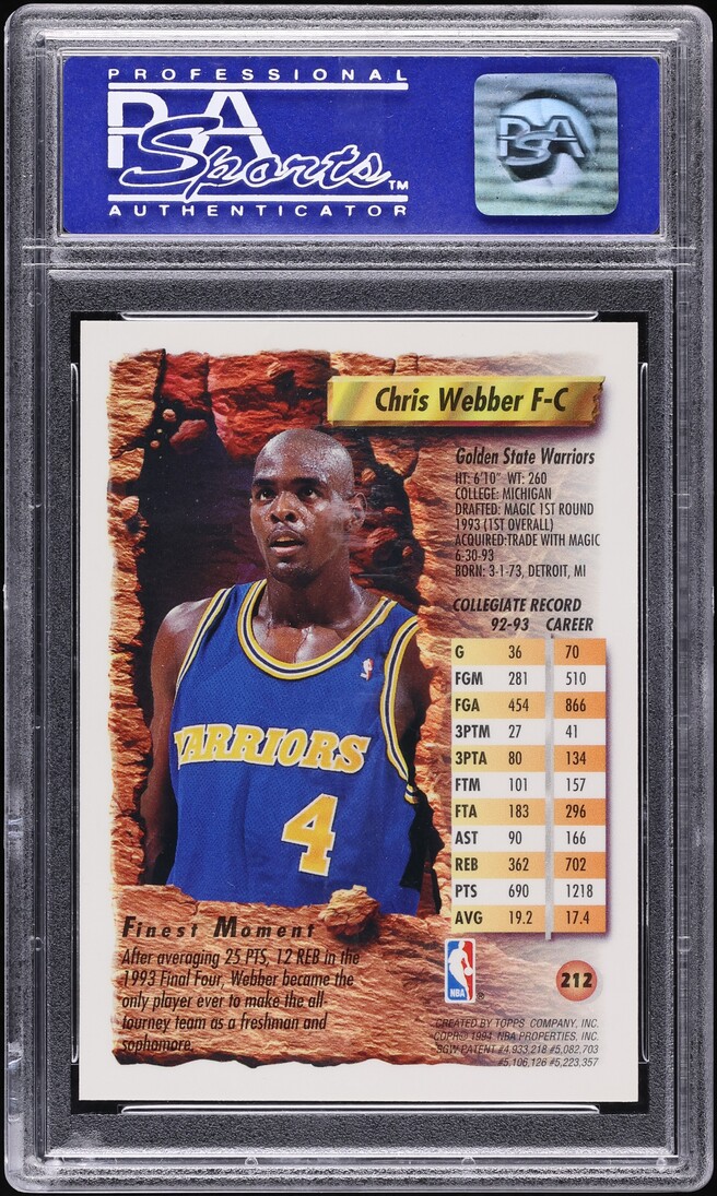 1993 Finest Refractor Chris Webber ROOKIE #212 PSA 10 GEM MINT