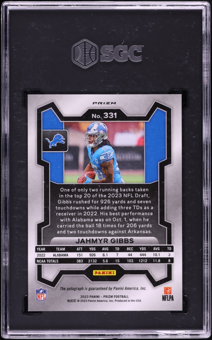2023 Panini Prizm Silver Jahmyr Gibbs ROOKIE AUTO #331 SGC 10 GEM MINT