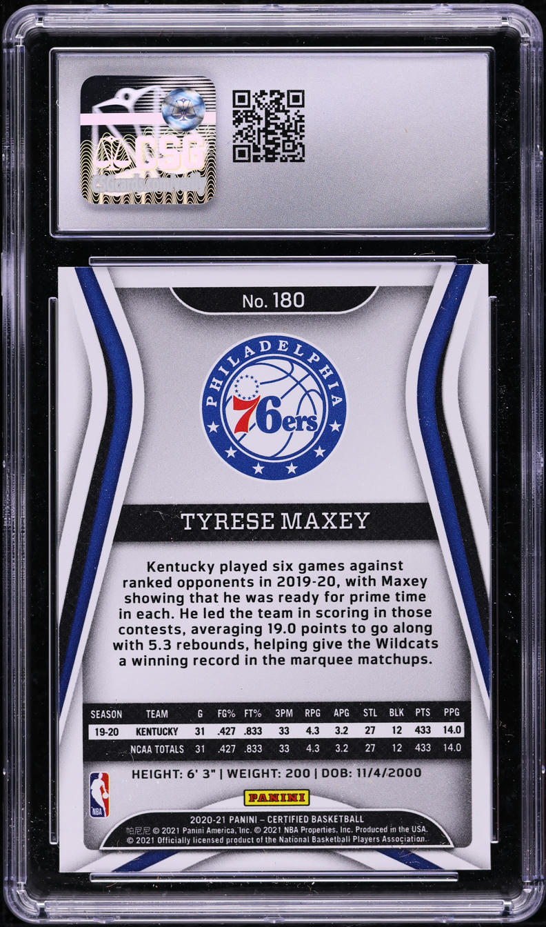 2020 Panini Certified Mirror Blue Tyrese Maxey ROOKIE #180 CSG 10 GEM MINT
