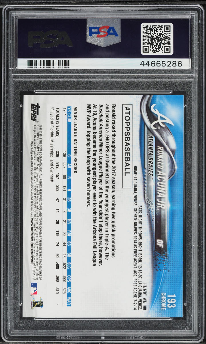 2018 Topps Chrome Ronald Acuna Jr. ROOKIE #193 PSA 10 GEM MINT