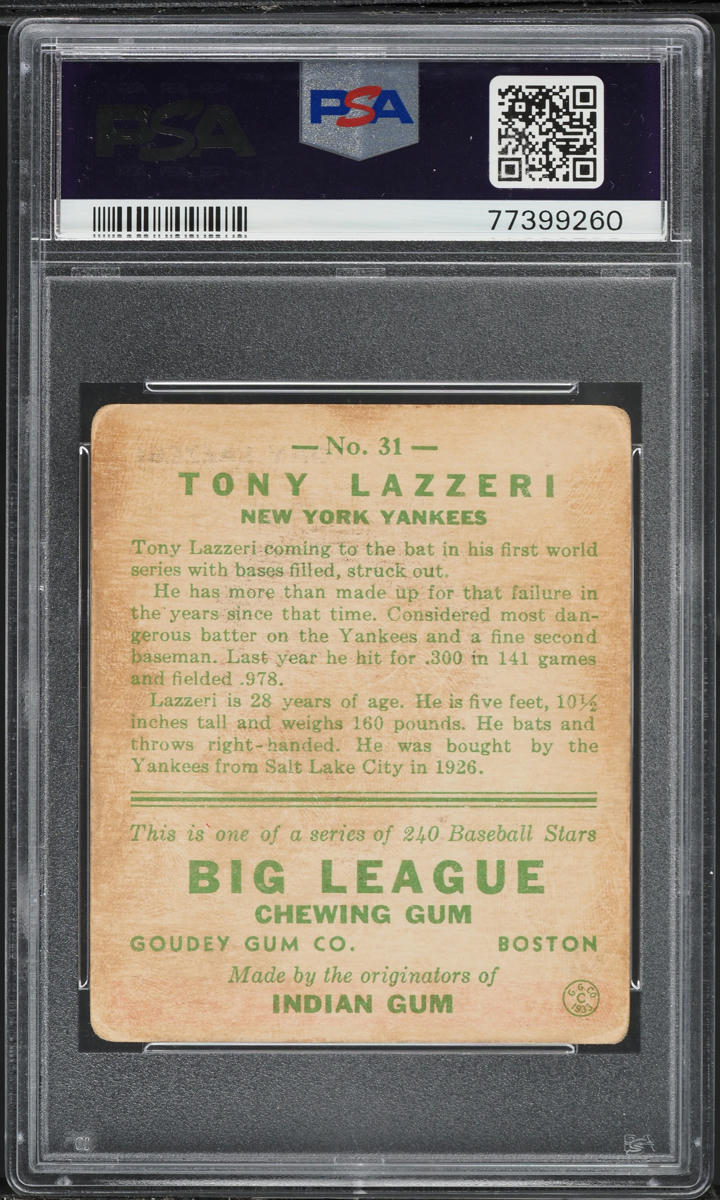 1933 Goudey Tony Lazzeri #31 PSA 2 GD