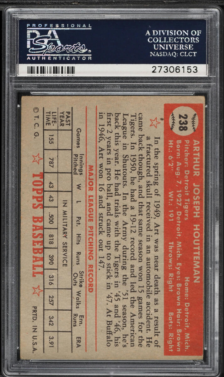 1952 Topps Art Houtteman #238 PSA 4 VGEX