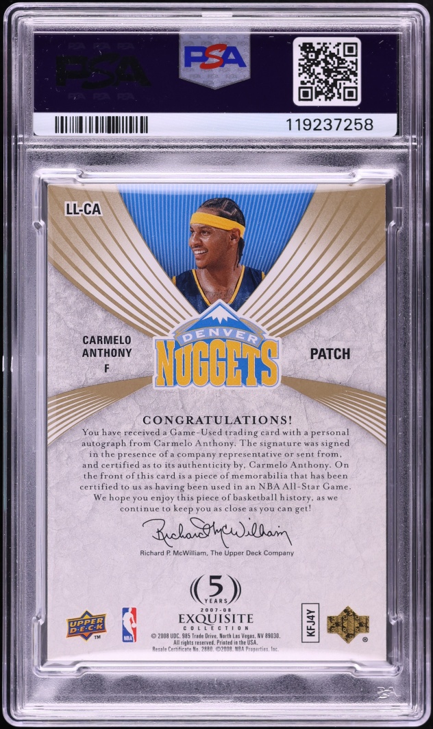 2007 Exquisite Collection Limited Logos Carmelo Anthony PATCH AUTO DNA 9 /50 #LL-CA PSA 8 NM-MT