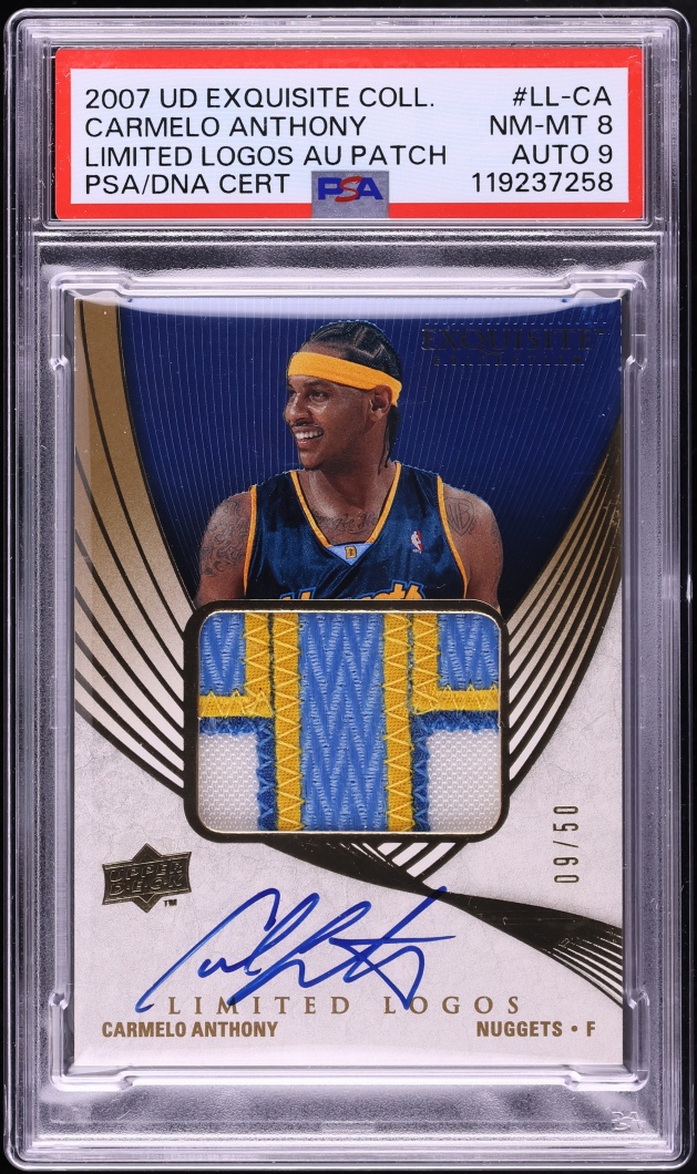 2007 Exquisite Collection Limited Logos Carmelo Anthony PATCH AUTO DNA 9 /50 #LL-CA PSA 8 NM-MT