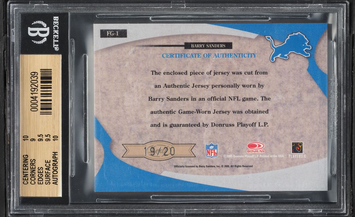 2005 Leaf Fabric Of The Game Jersey Number Barry Sanders PATCH AUTO /20 #1 BGS 9.5 GEM MINT - Photo 2