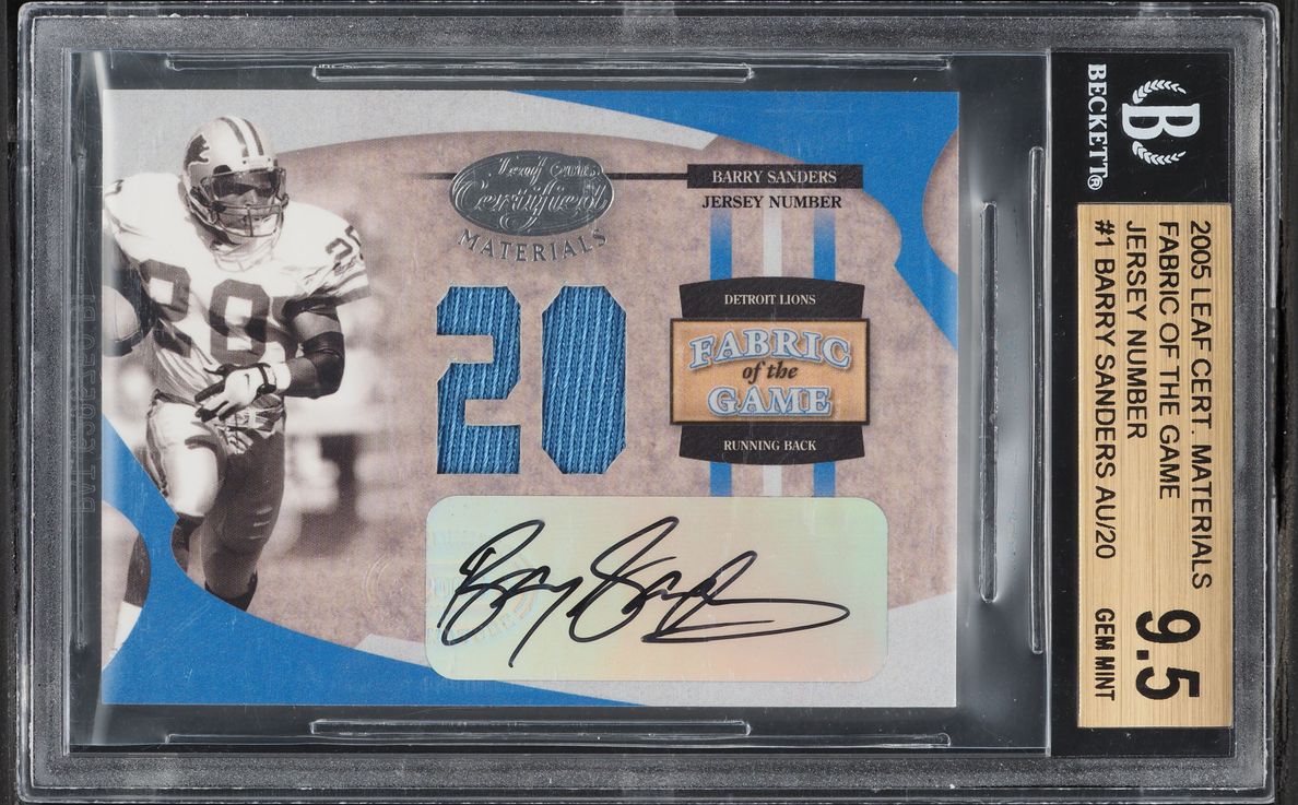 2005 Leaf Fabric Of The Game Jersey Number Barry Sanders PATCH AUTO /20 #1 BGS 9.5 GEM MINT