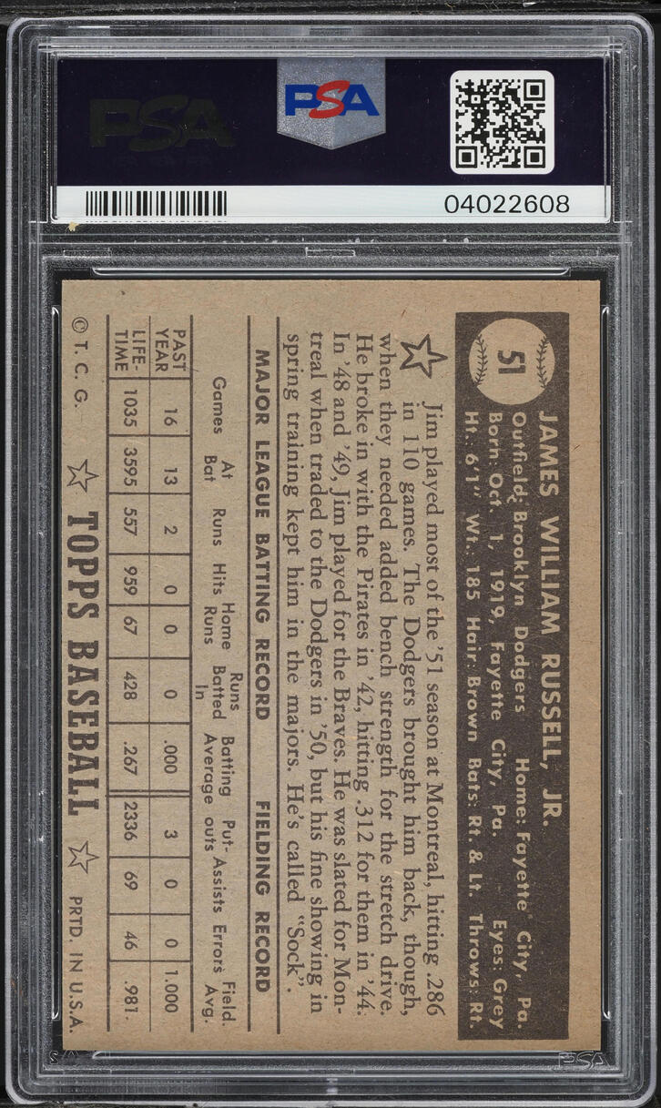 1952 Topps Jim Russell BLACK BACK #51 PSA 7 NRMT
