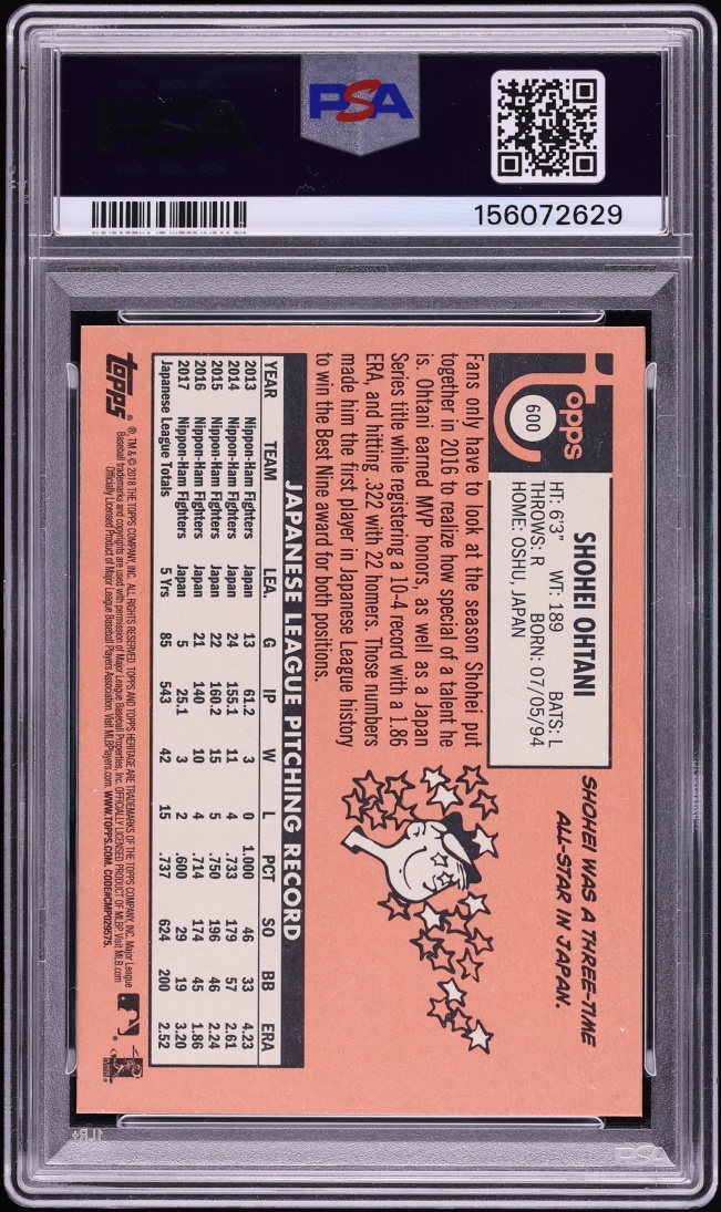 2018 Topps Heritage Shohei Ohtani ROOKIE #600 PSA 10 GEM MINT