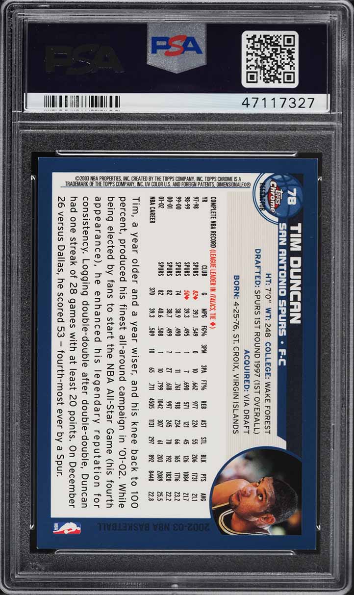 2002 Topps Chrome Refractor Tim Duncan #78 PSA 9 MINT