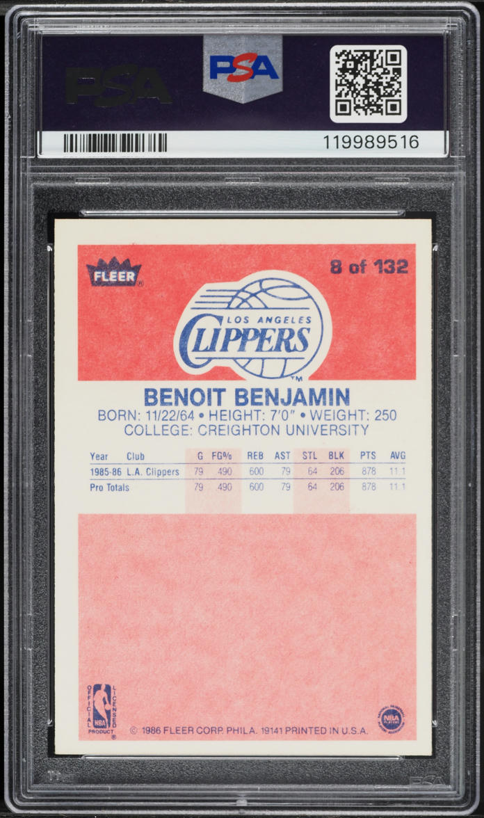 1986 Fleer Basketball Benoit Benjamin ROOKIE #8 PSA 7 NRMT