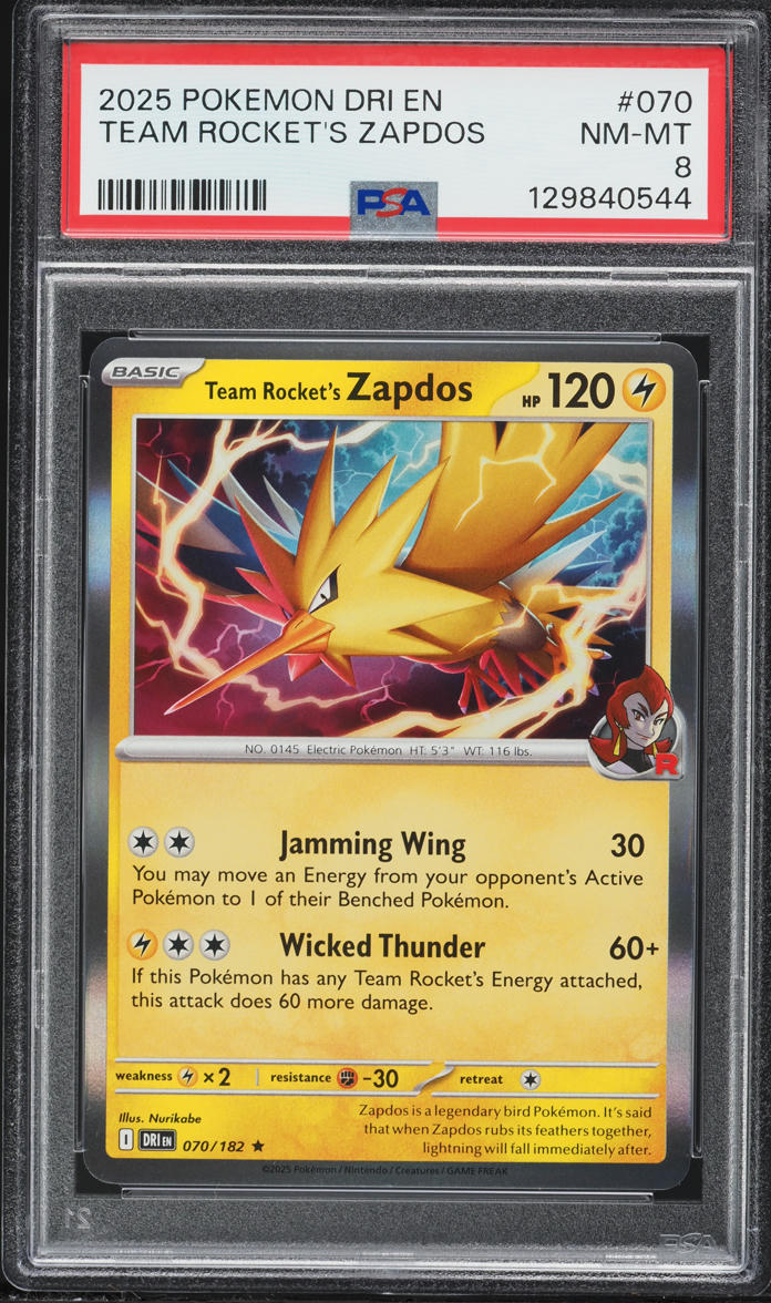 2025 Pokemon Scarlet & Violet Destined Rivals Holo Team Rocket's Zapdos #70 PSA 8 NM-MT