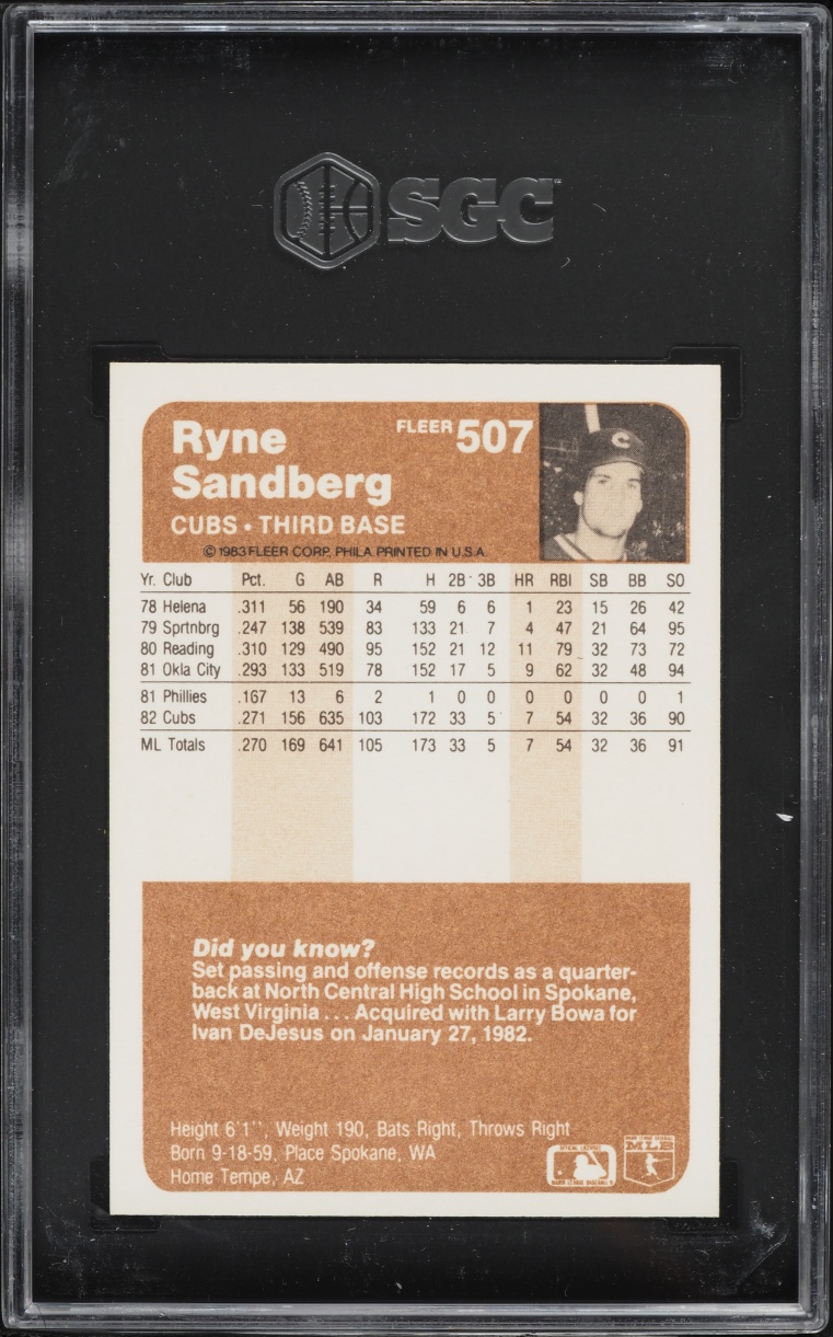 1983 Fleer Ryne Sandberg ROOKIE #507 SGC 7.5 NRMT+