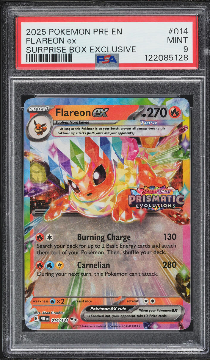 2025 Pokemon Scarlet & Violet Prismatic Evolutions Surprise Box Holo Flareon ex #14 PSA 9 MINT