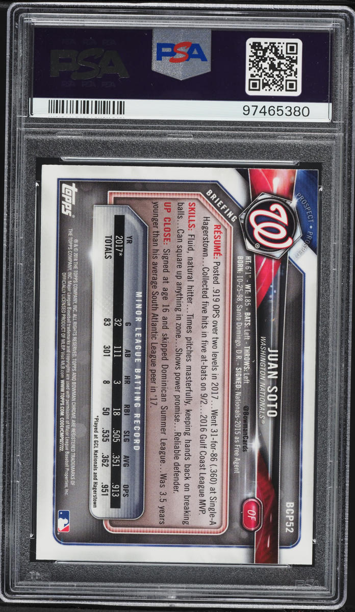 2018 Bowman Chrome Mega Box Juan Soto PROSPECT #BCP52 PSA 9 MINT