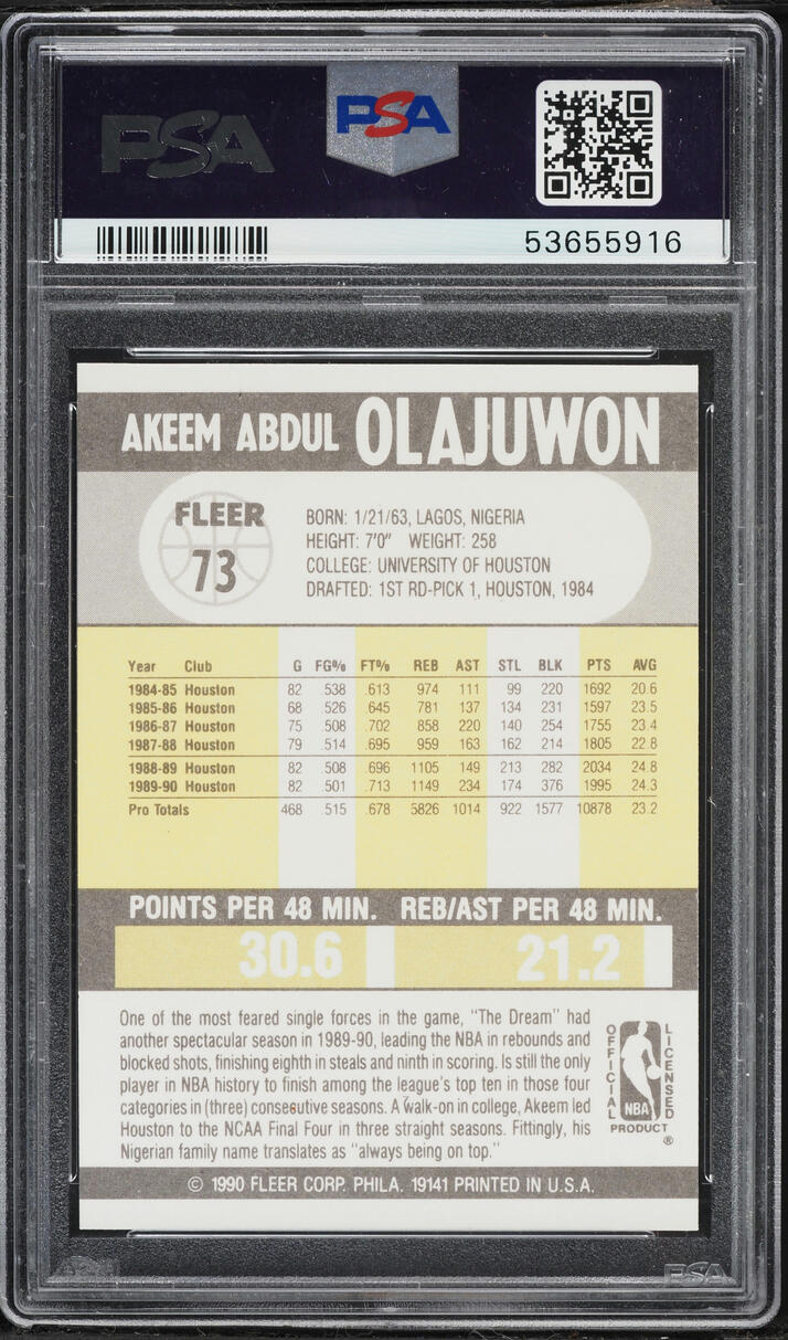 1990 Fleer Basketball Hakeem Olajuwon #73 PSA 8 NM-MT