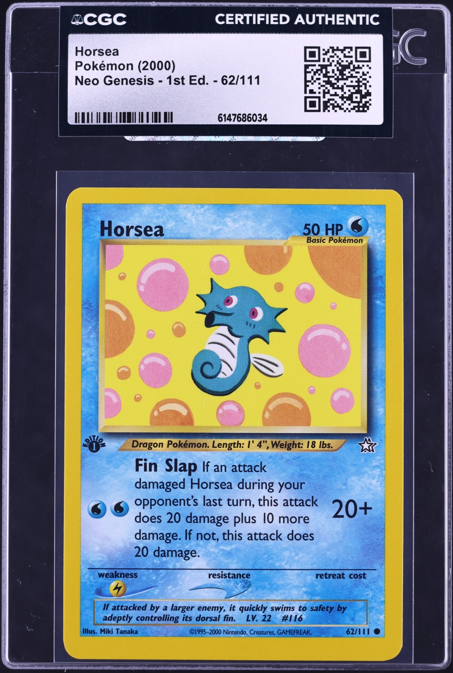 2000 Pokemon Neo Genesis 1st Edition Horsea #62 CGC AUTH