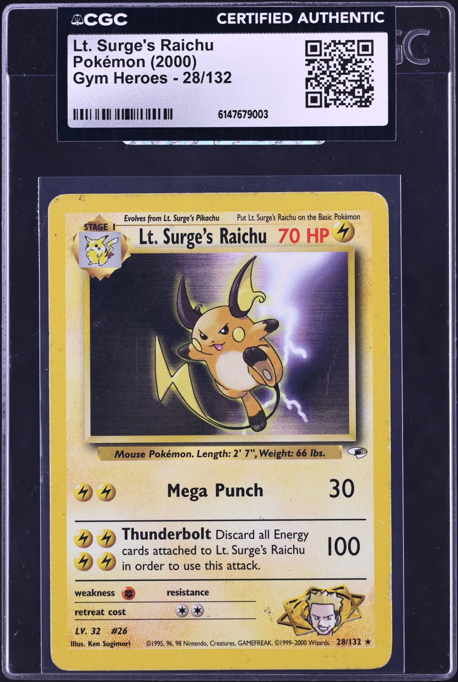 2000 Pokemon Gym Heroes Lt. Surge's Raichu #28 CGC AUTH
