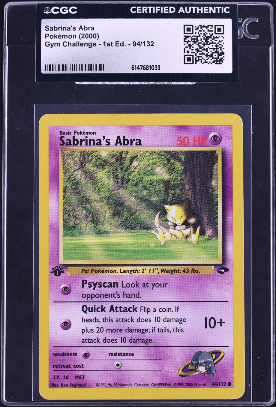 2000 Pokemon Gym Challenge 1st Edition Sabrina's Abra #94 CGC AUTH