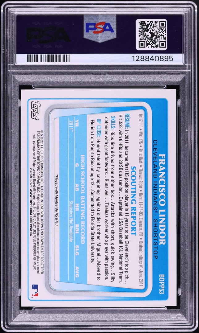 2011 Bowman Draft Francisco Lindor PROSPECT #BDPP53 PSA 9 MINT