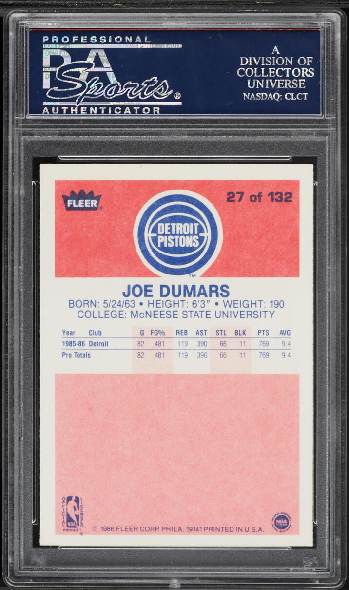 1986 Fleer Basketball Joe Dumars ROOKIE #27 PSA 10 GEM MINT
