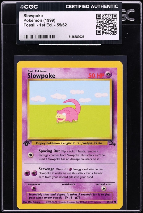 1999 Pokemon Fossil 1st Edition Slowpoke #55 CGC AUTH