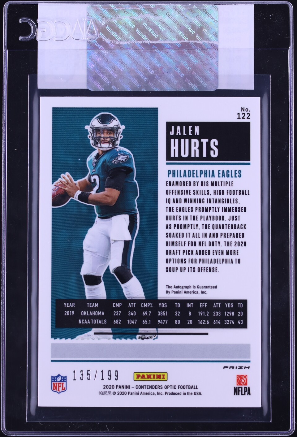 2020 Panini Contenders Optic Ticket Red Jalen Hurts RC AUTO /199 #122 CGC AUTH