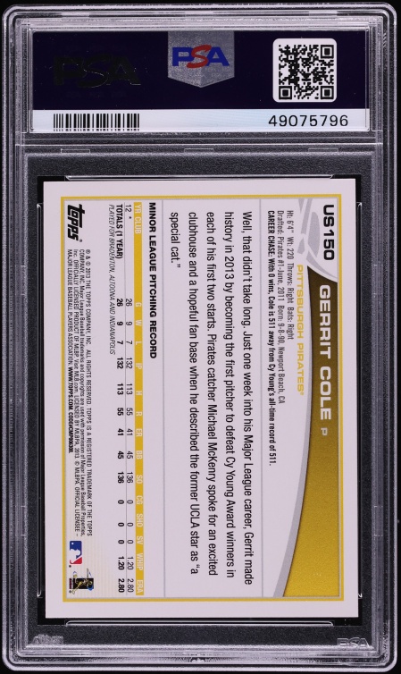 2013 Topps Update Black Jacket Gerrit Cole ROOKIE #US150 PSA 9 MINT - Photo 2