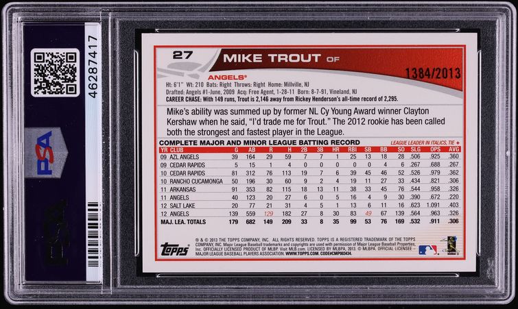 2013 Topps Opening Day Blue Mike Trout /2013 #27 PSA 10 GEM MINT - Photo 2